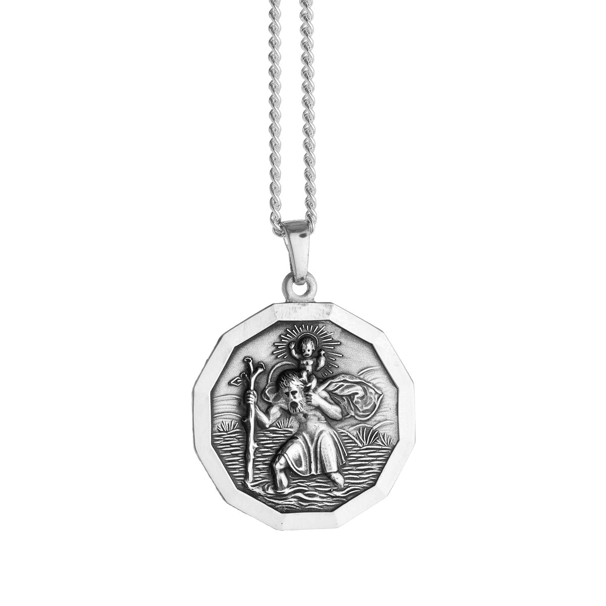 Sterling Silver Fancy Diamond Cut Small Rectangle St Christopher Pendant  With Optional Engraving and Chain