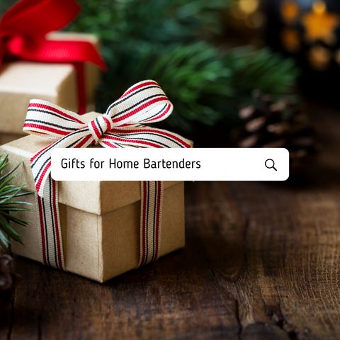 Christmas gift on dark background with white search bar with the words "gifts for home bartenders"