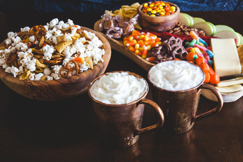 Halloween Movie Night Snack Board with Butterbeer and Snack Mix