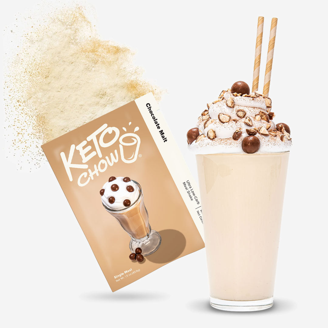 Chocolate Malt Keto Chow shake and packet