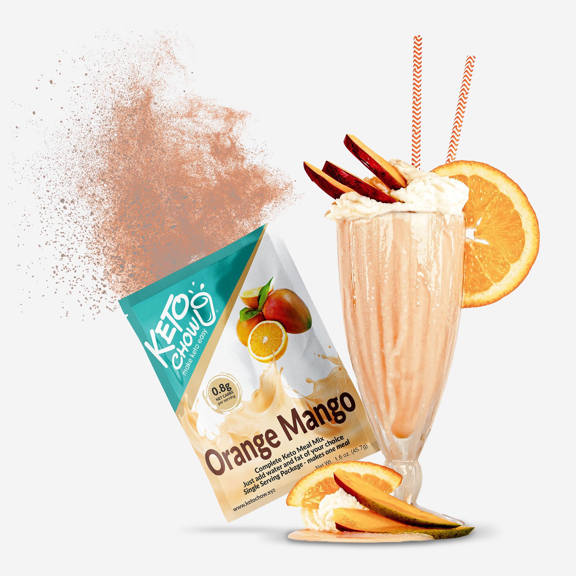 Orange Mango Keto Chow shake and packet