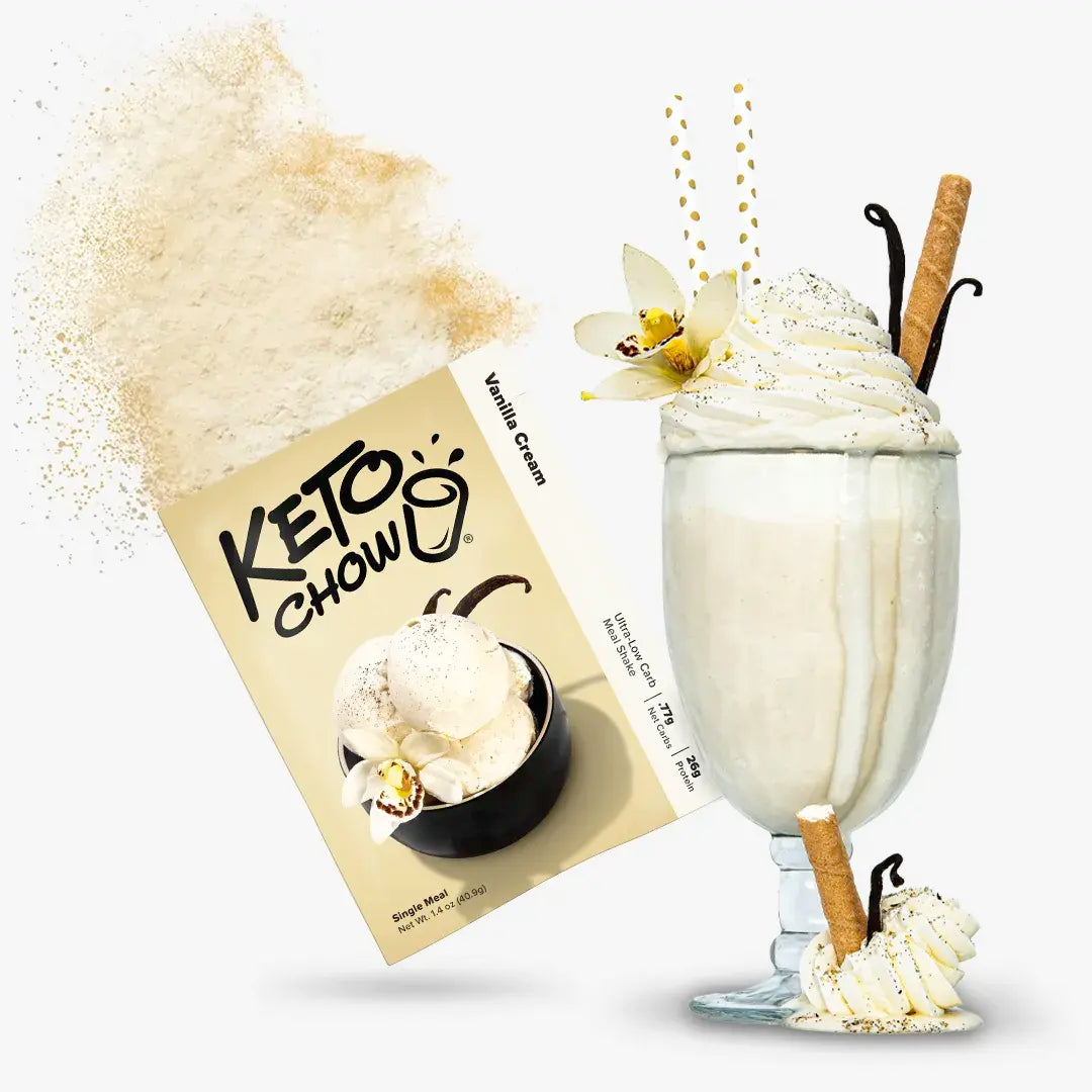 Vanilla Cream Keto Chow shake and packet