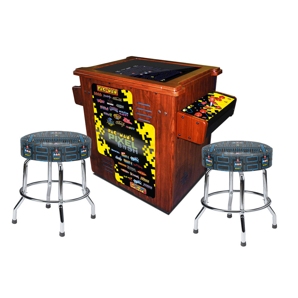 Pac Man S Pixel Bash Woodgrain Home Cocktail Table With 2 Pac Man Stools