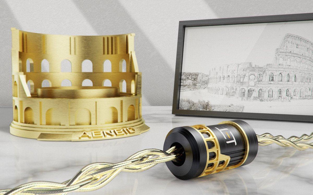 Eletech Aeneid cable highlighting Y-split with gold display stand and Colosseum artwork