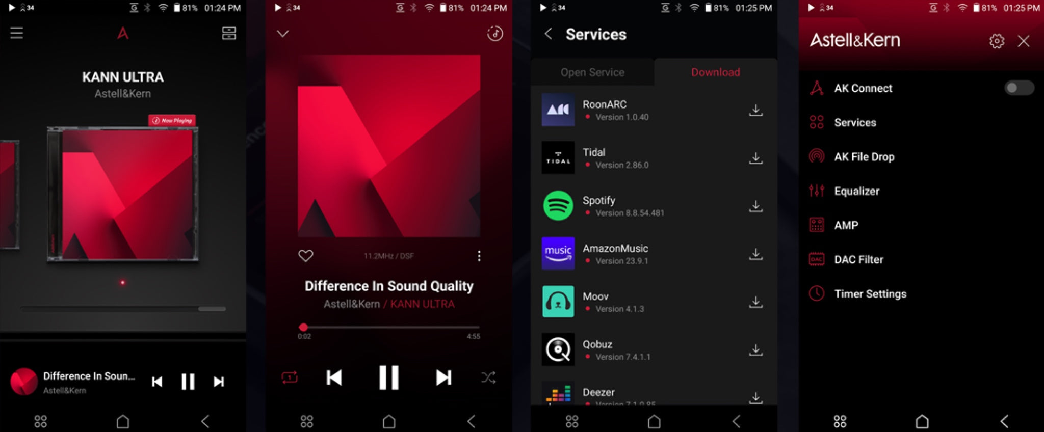 Astell&Kern KANN Ultra interface screenshots highlighting Crimson UI and AK File Drop feature