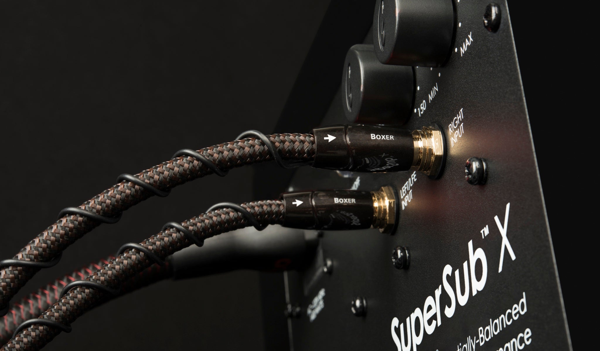 AudioQuest Boxer subwoofer cables connected to amp outputs