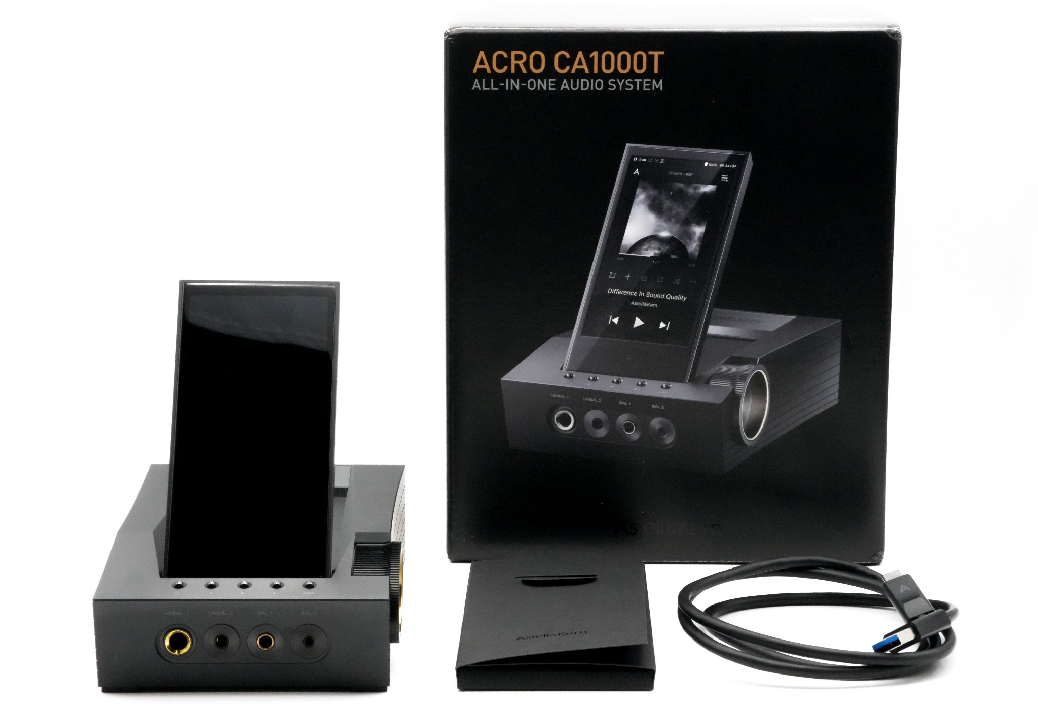 Astell&Kern ACRO CA1000T with all included accessories over white background