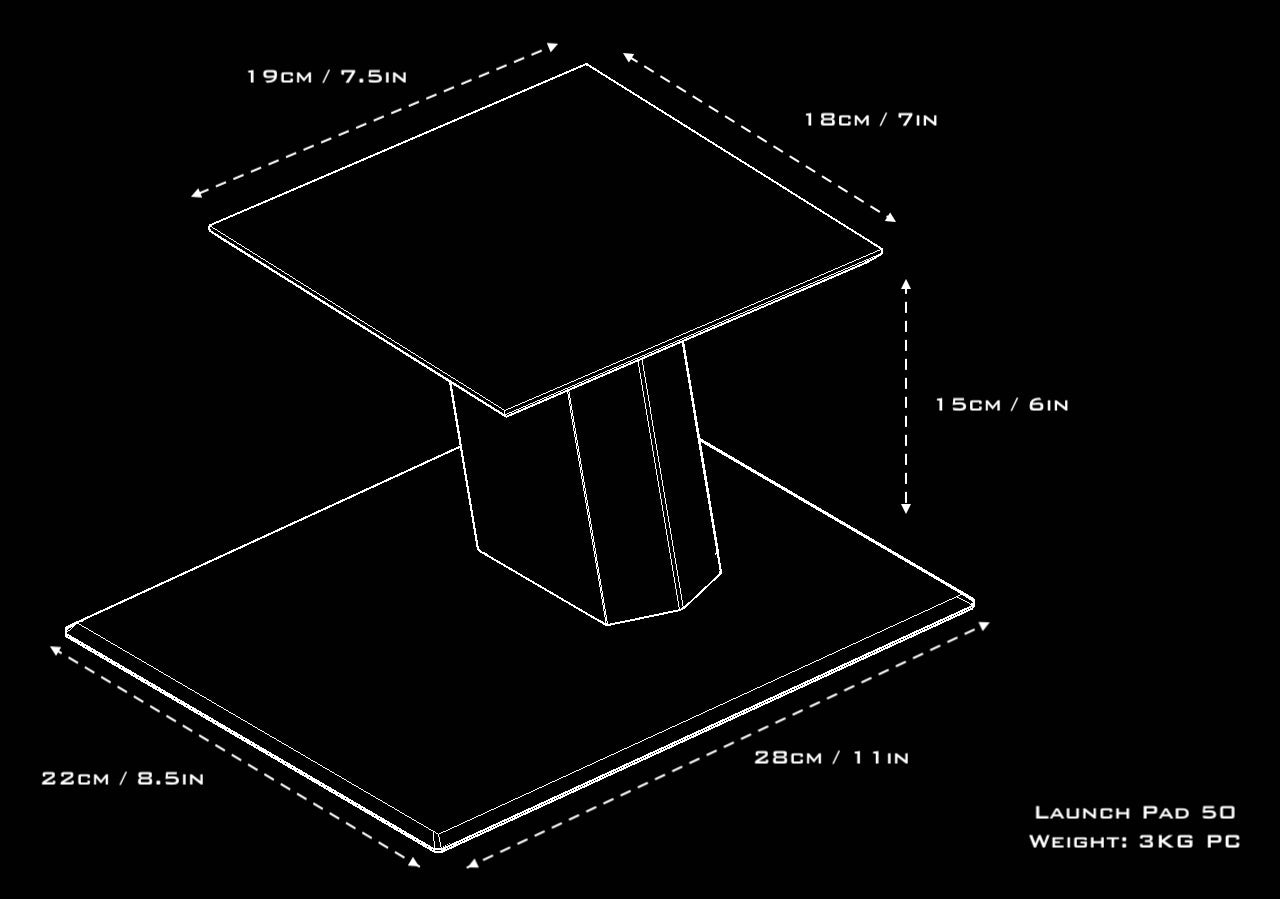 Burson Launch Pad 50 diagram displaying dimensions and weight