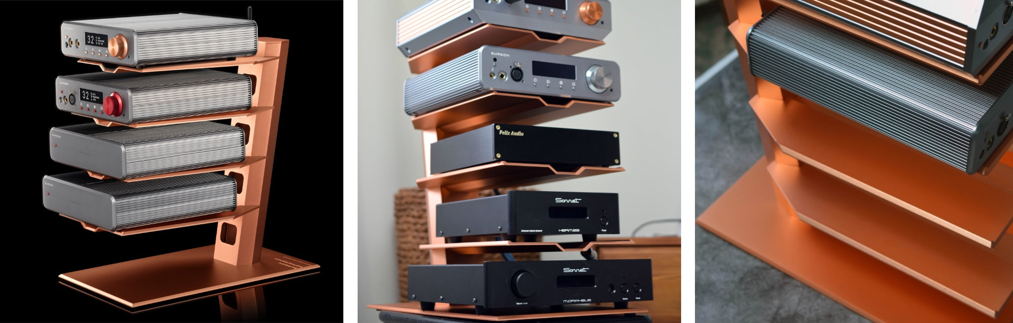 3 thumbnails of Burson Mothership in Copper finish with assorted audio gear on shelves