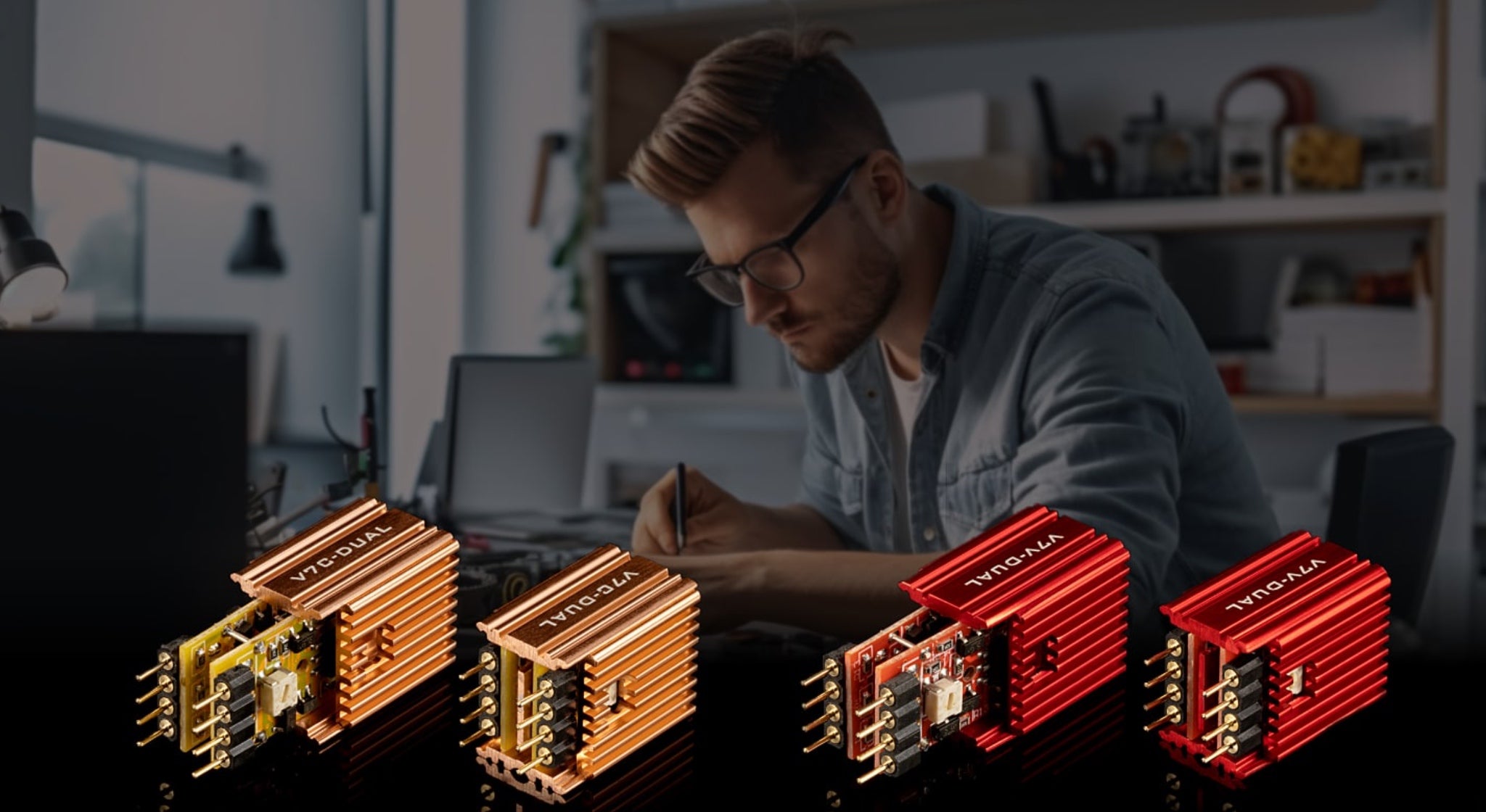 Burson V7 opamps x4 highlighting PCBs and heatsinks with engineer working at desk