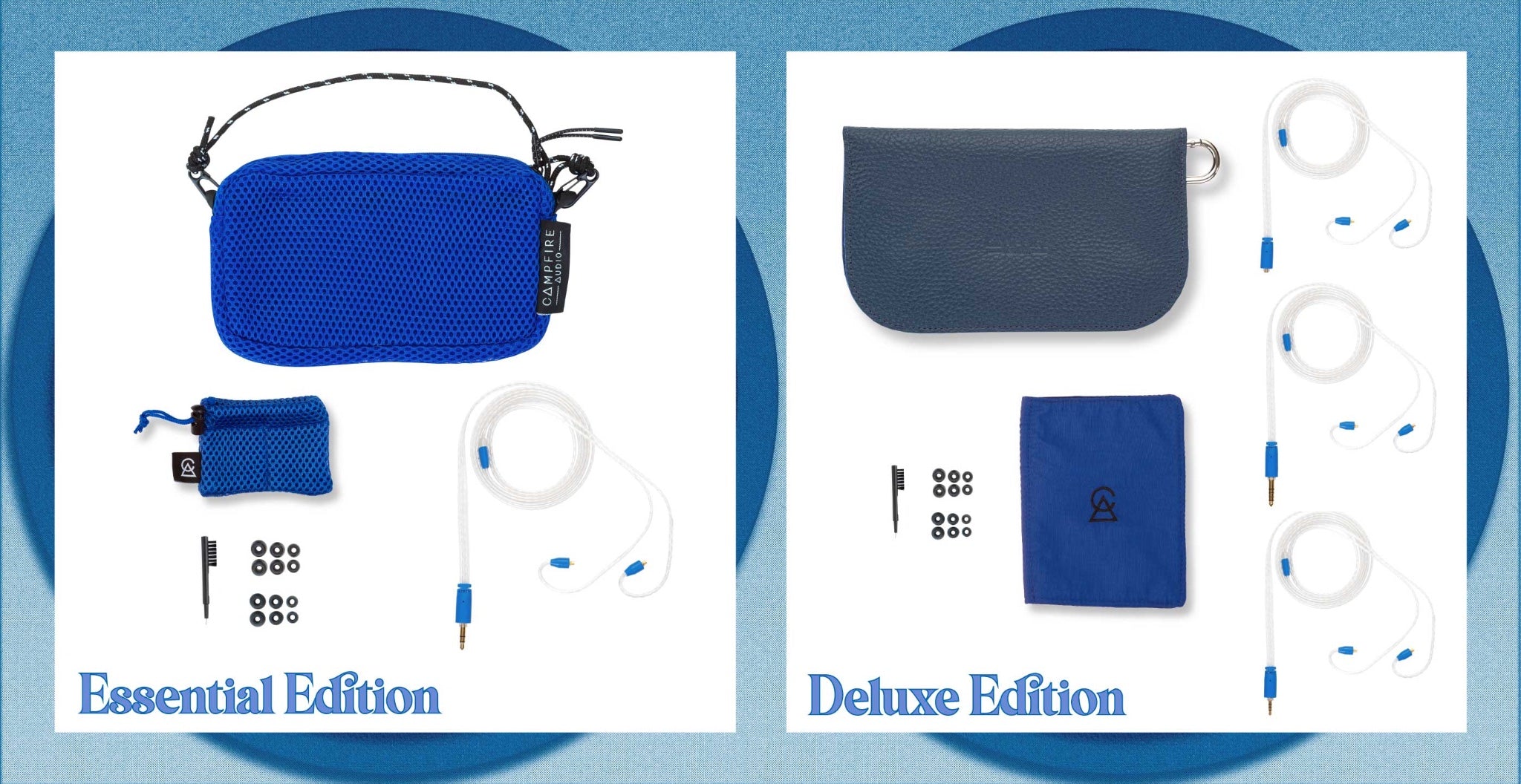 Campfire Audio Cascara blue essential and deluxe accessory package options with blue frame