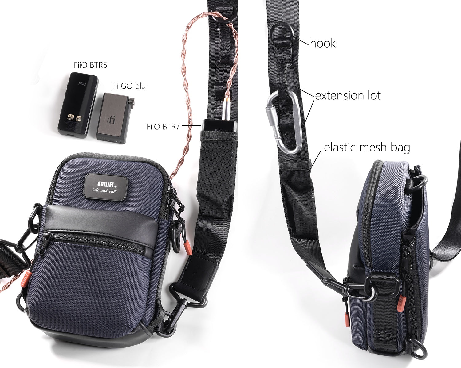 ddHiFi C2023 carrying case and attached strap with diagram showing multifunction abilities