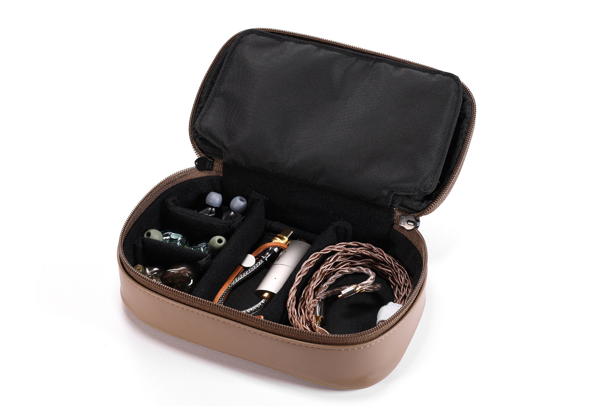 ddHiFi CZ180 with open lid revealing IEMs, cables and dongles in separate compartments