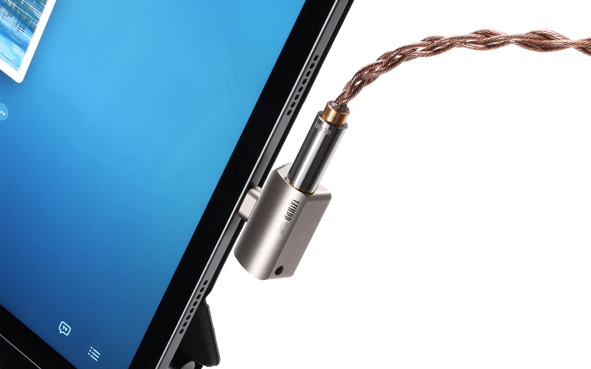 ddHiFi TC44Pro Lightning connected to iPad with attached copper headphone cable