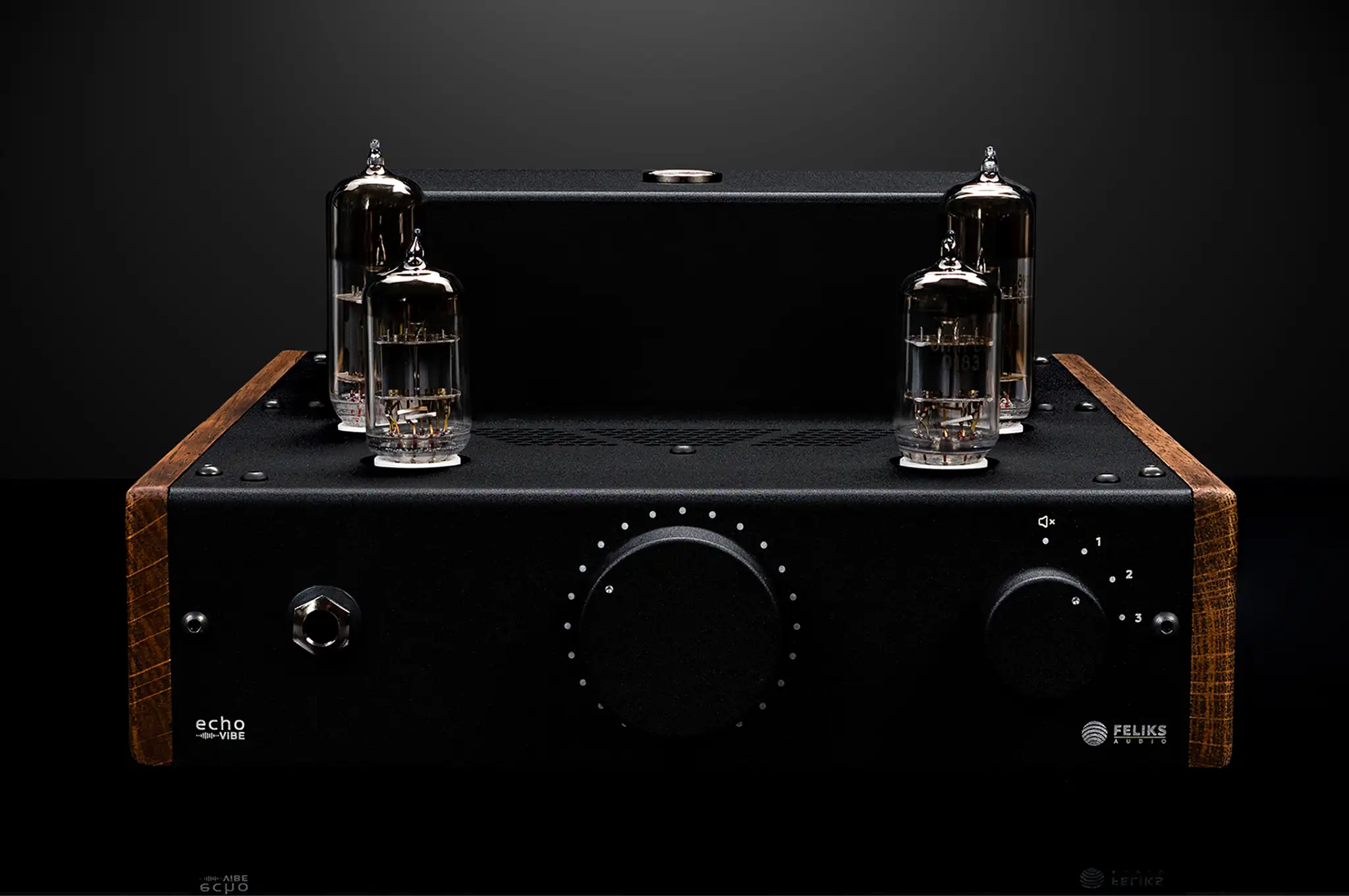 Feliks Audio Echo Vibe tube amp front center view on black backdrop backlit