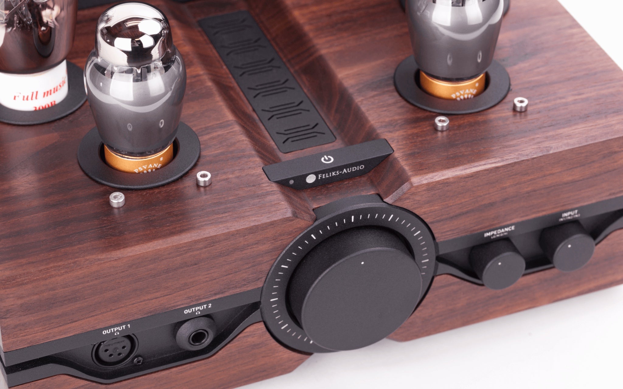 Feliks Audio Envy walnut top front left 3 quarter highlighting volume knob