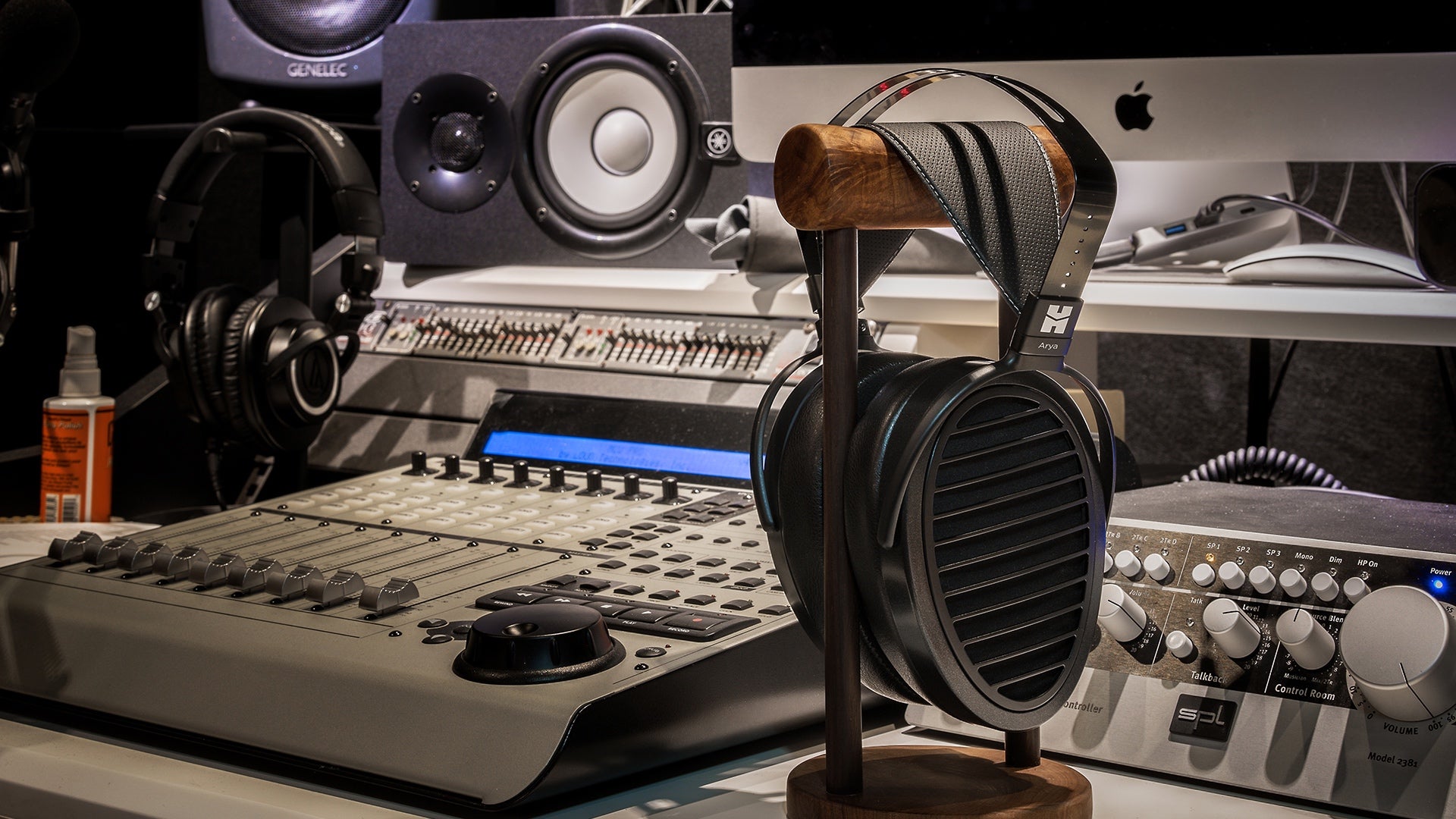 HiFiMAN Arya Stealth on headphone stand with pro mixing board and equipment