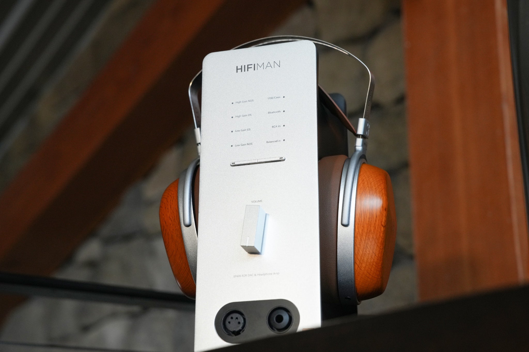 HiFiMAN Audivina headphone resting on HiFiMAN EF600 amp from Bloom Audio gallery