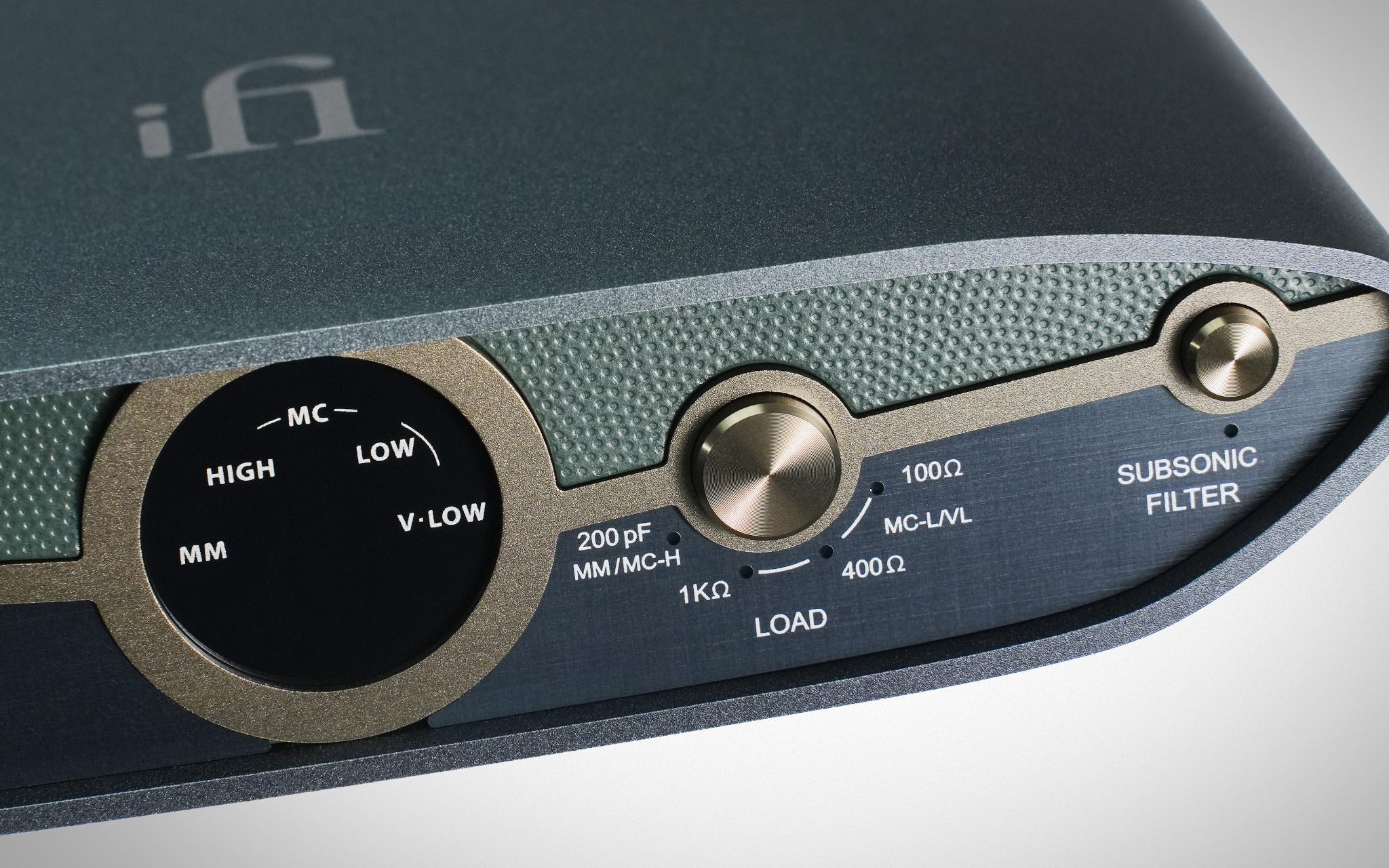 iFi ZEN Phono 3 front closeup highlighting input capacitance button