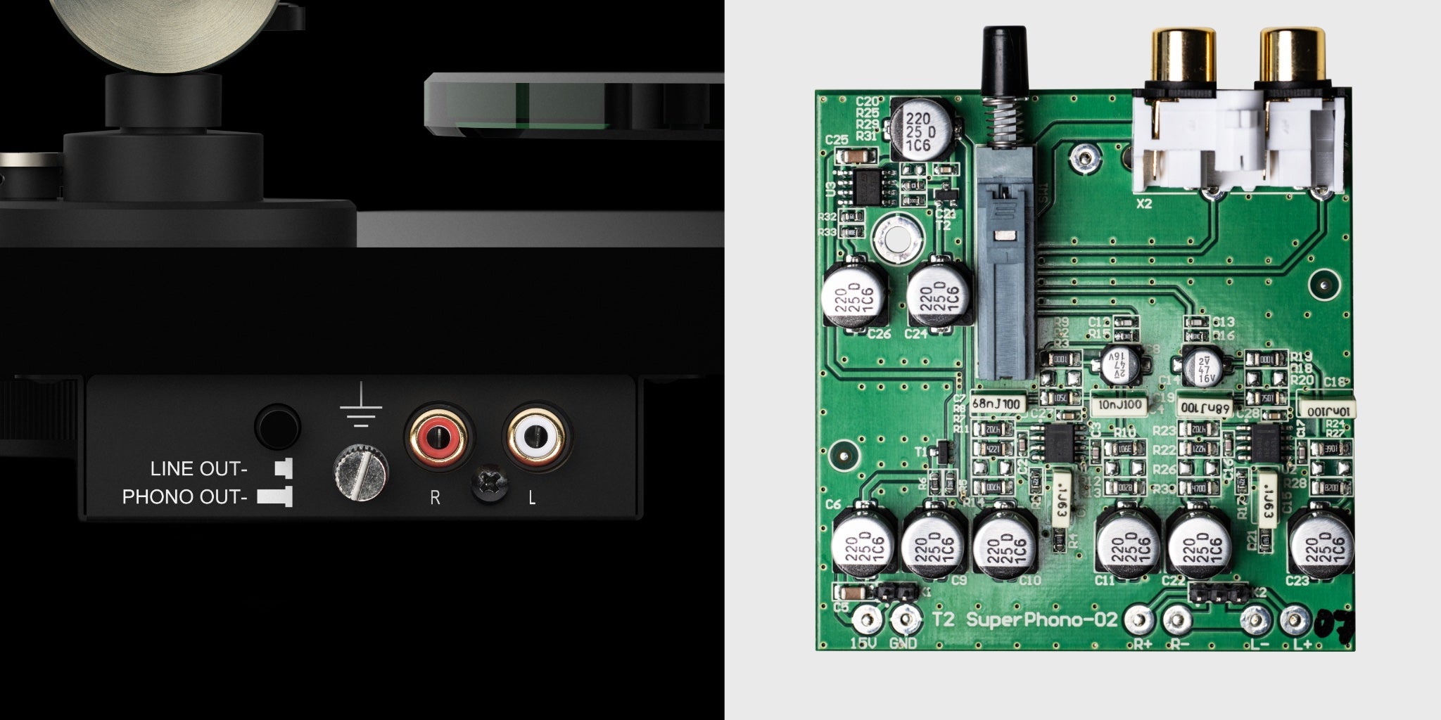 Pro-Ject T2 phono interface with bird's eye of PCB