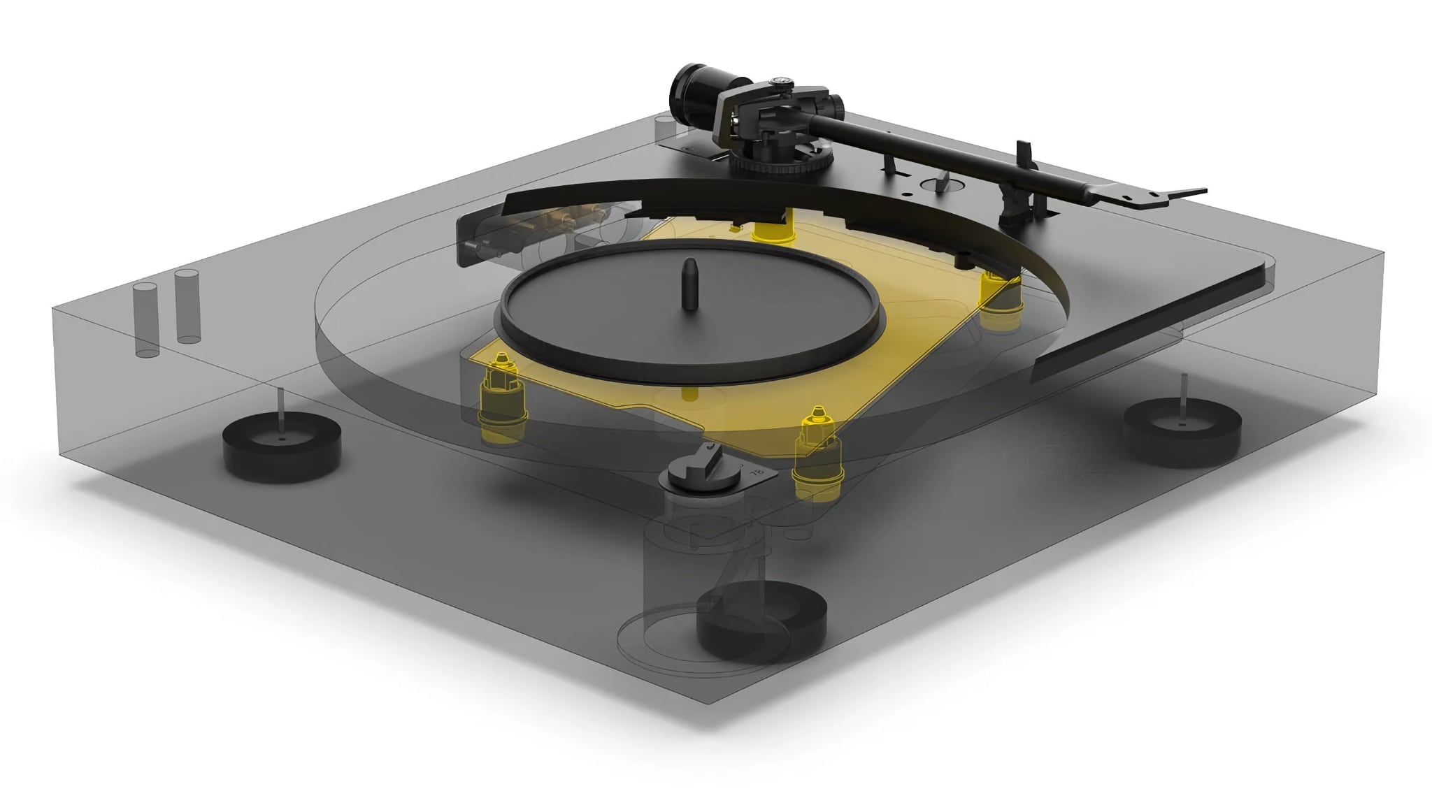 Pro-Ject A2 suspension 3D diagram showing internal components and sub-chassis