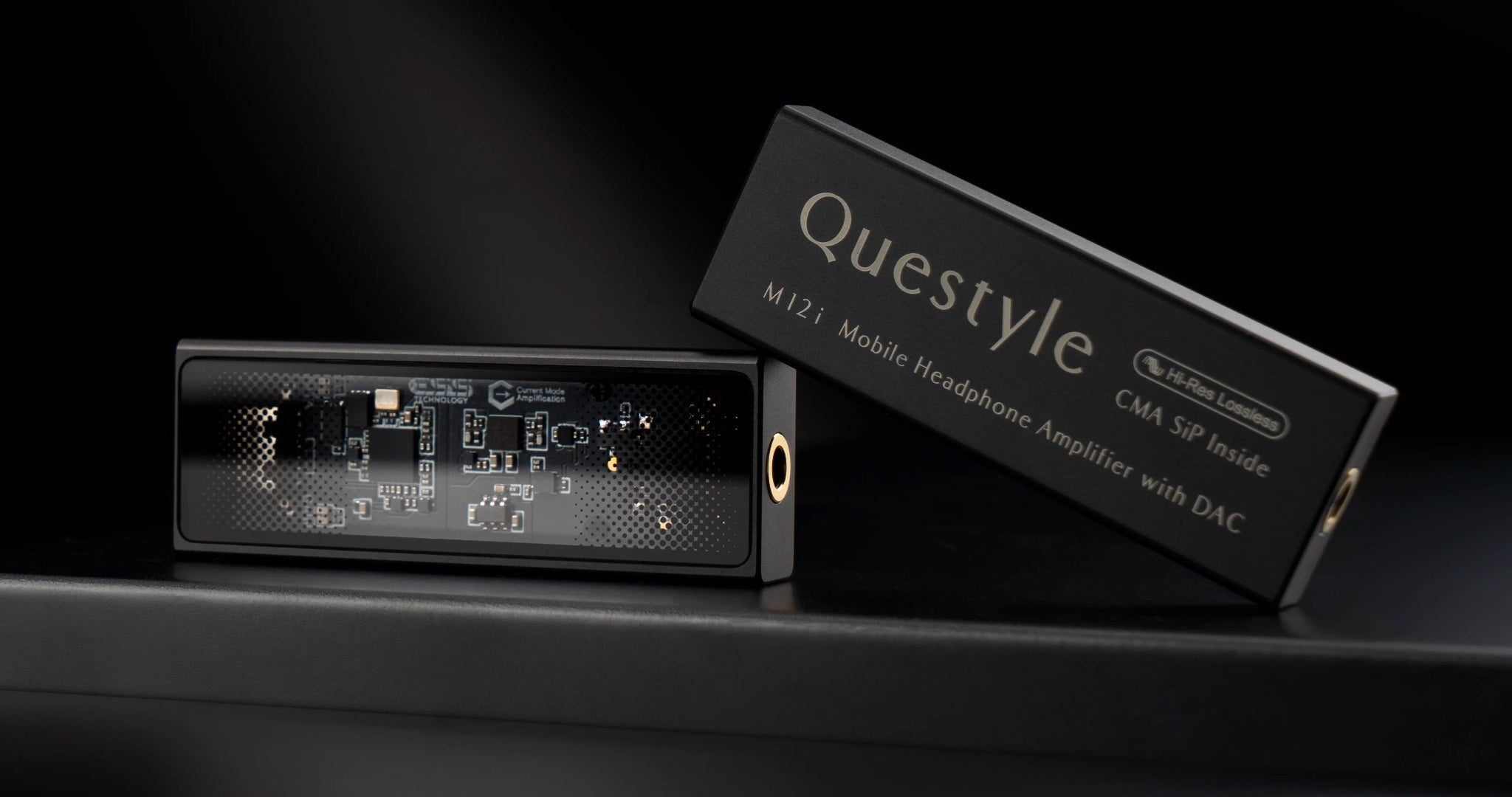 Questyle M12i x2 front and rear highlighting glass window and internal PCB