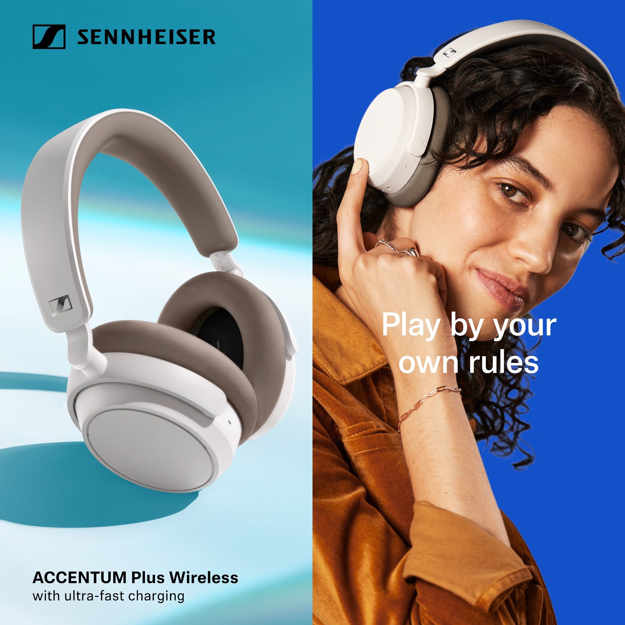 Human wearing Accentum Plus highlighting touch control with Sennheiser logo