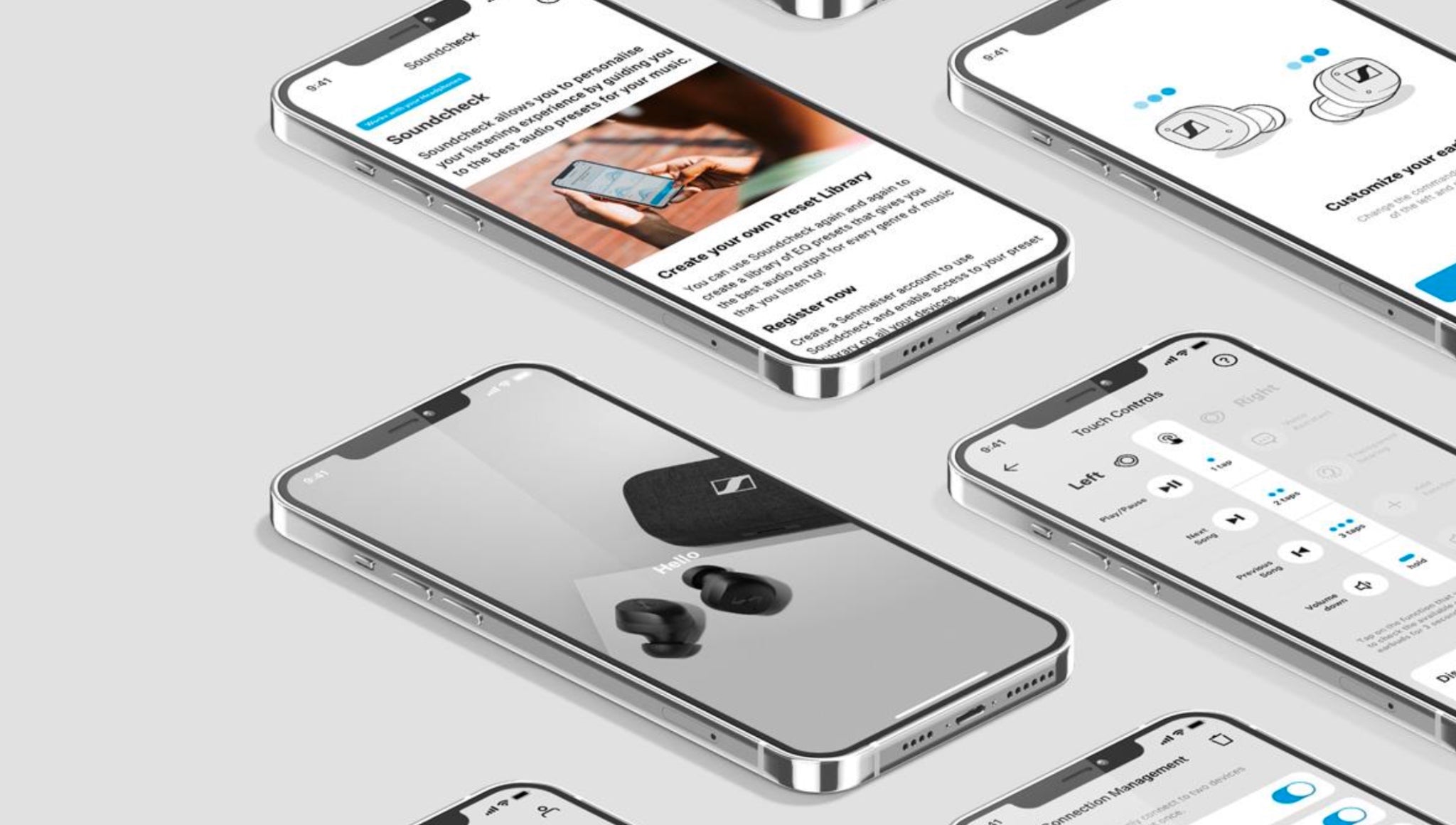 Multiple mobile phones with Sennheiser Smart Control app UI menus