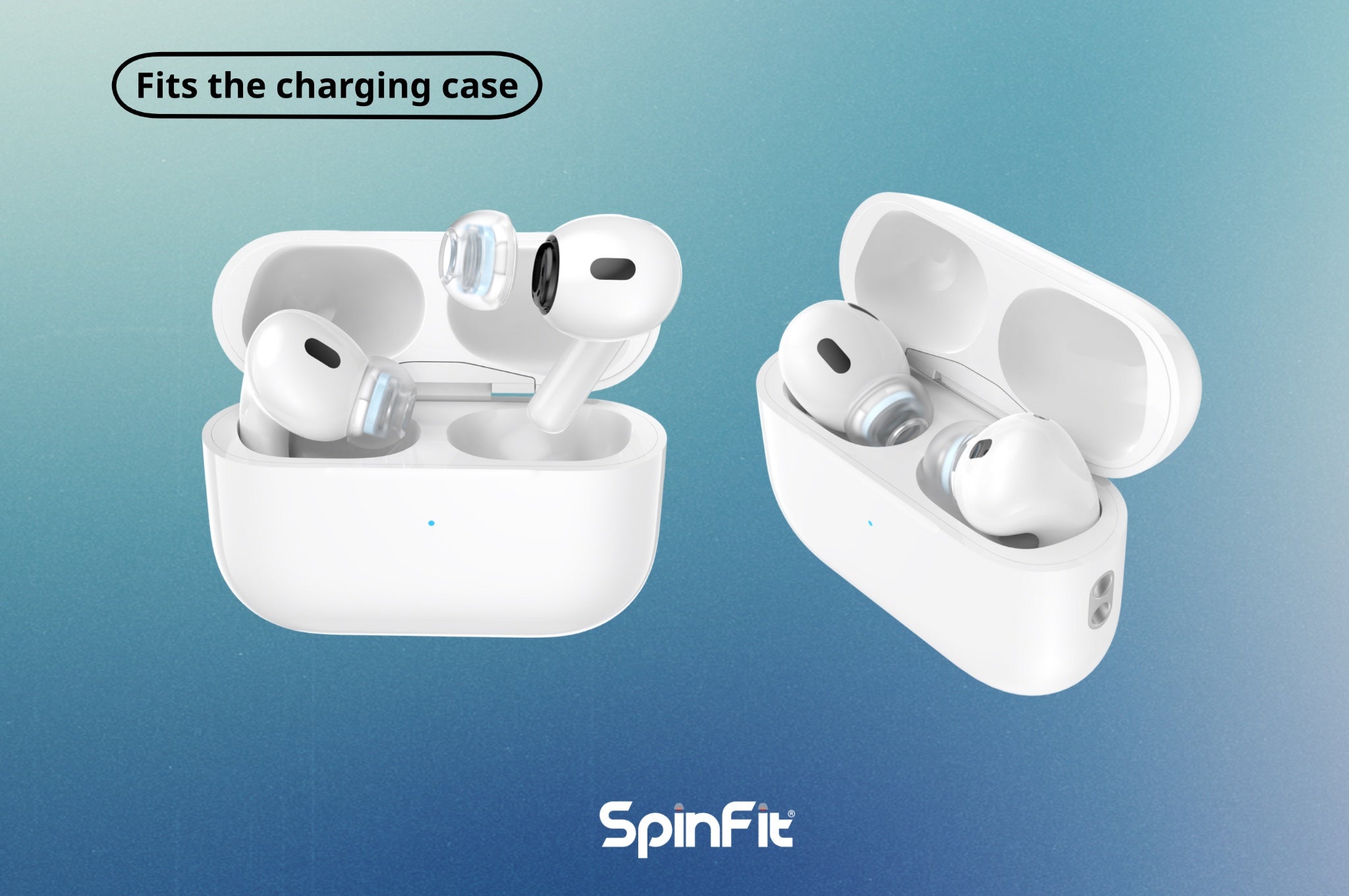 SpinFit SuperFine diagram highlighting fit inside Apple charging case