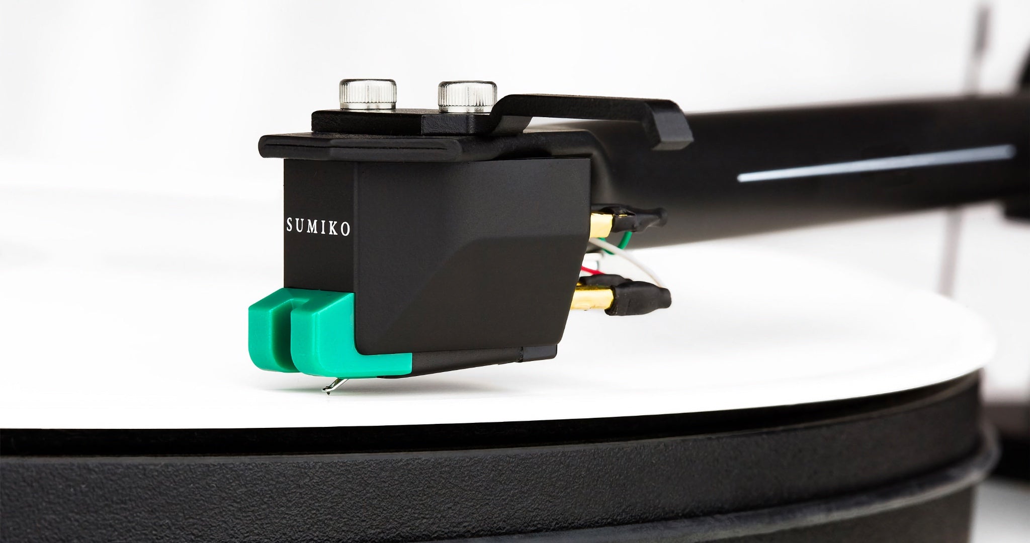 Sumiko Olympia phono cartridge mounted and engaged on turntable platter