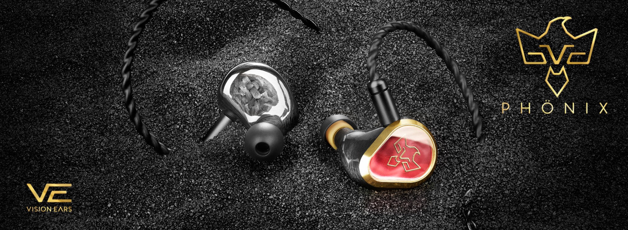 Vision Ears Phonix marketing banner with earphones in black sand and gold logo