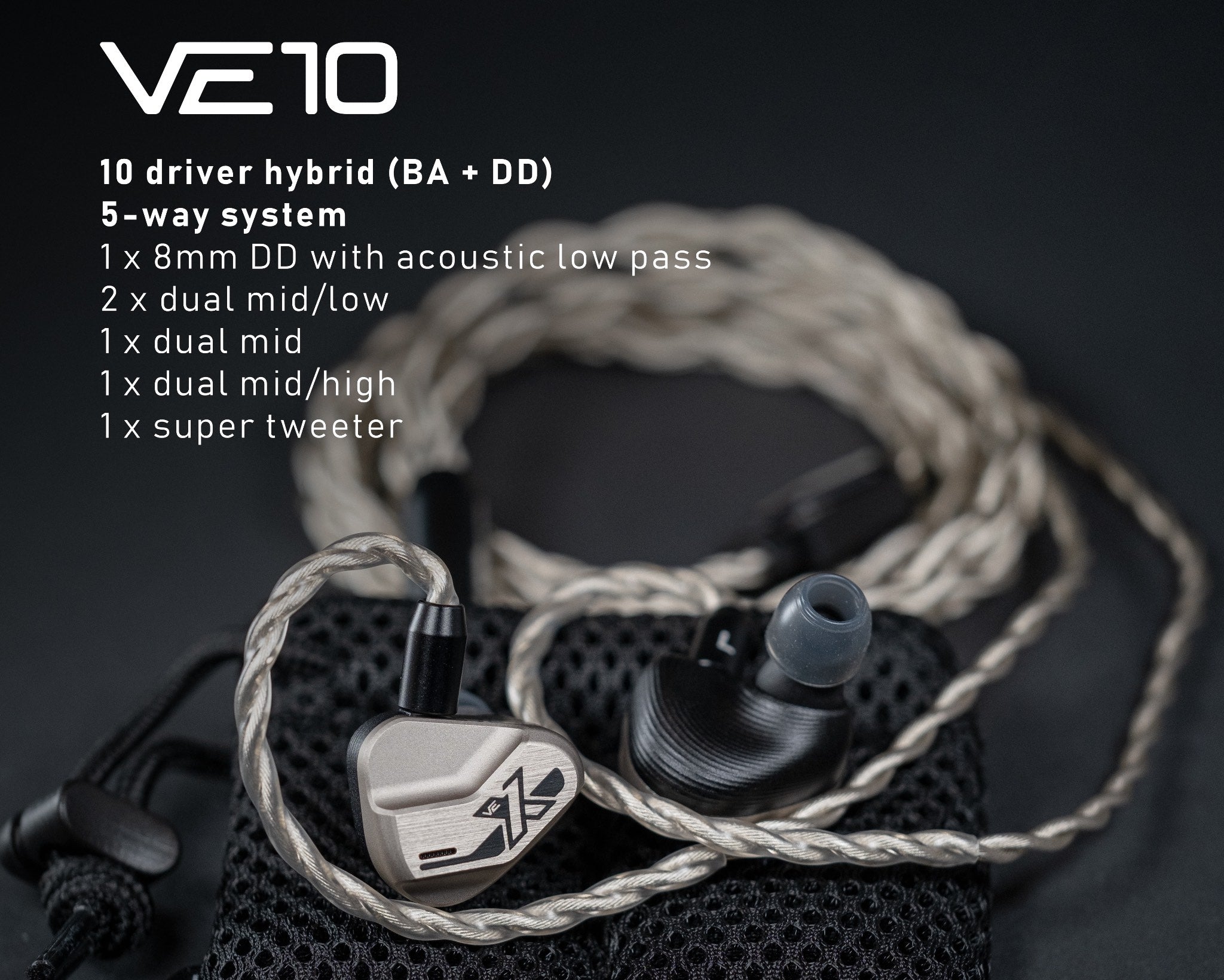 Vision Ears VE10 with attached stock cable and eartips with driver specifications