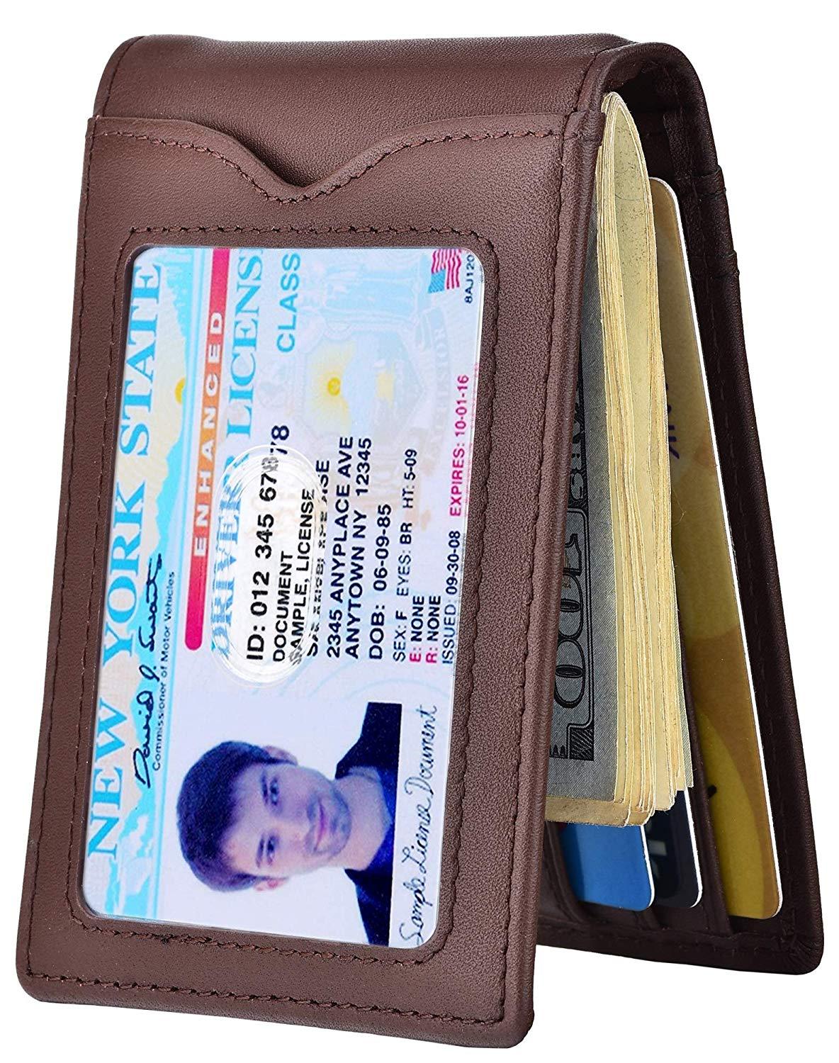Slim Wallet With Money Clip Rfid Blocking Minimalist Bifold Wallet For Men Genuine Leather Front Pocket Card Holder - 