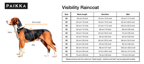 Size Chart for Visibility Dog Raincoat at Chloe Cole Pet Couture