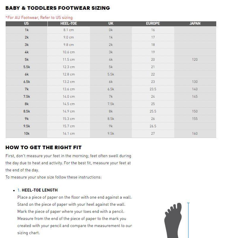 adidas shoe size chart cm kids