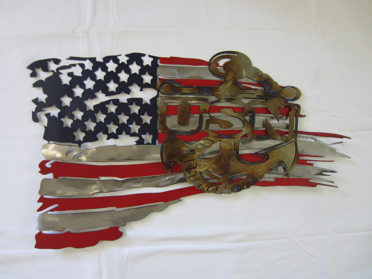 US NAVY Logo and Battle Torn American Flag – AllAmericanMetalArt