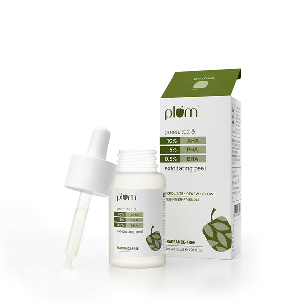This is an image of Plum 10% AHA+ 5% PHA + 0.5% BHA Exfoliating Peel with Green Tea on www.sublimelife.in