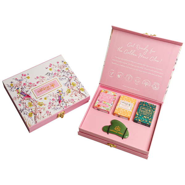 This is an image of Natural Vibes Glow Getter Gift Set with Jade Gua Sha, Vitamin C Serum on www.sublimelife.in
