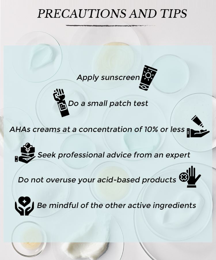 This is an image showing precautions and tips of using acids AHAs and BHAs in your skincare routine.