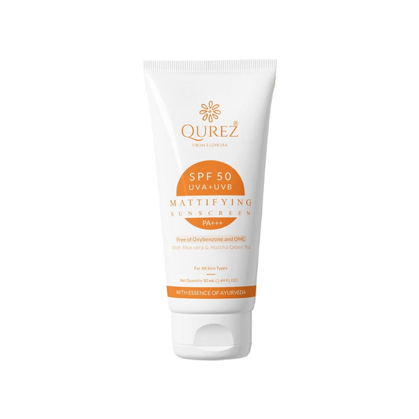 This is an image of Qurez Mattifying SPF 50 Sunscreen With Vitamin E & Matcha Green Tea on www.sublimelife.in 