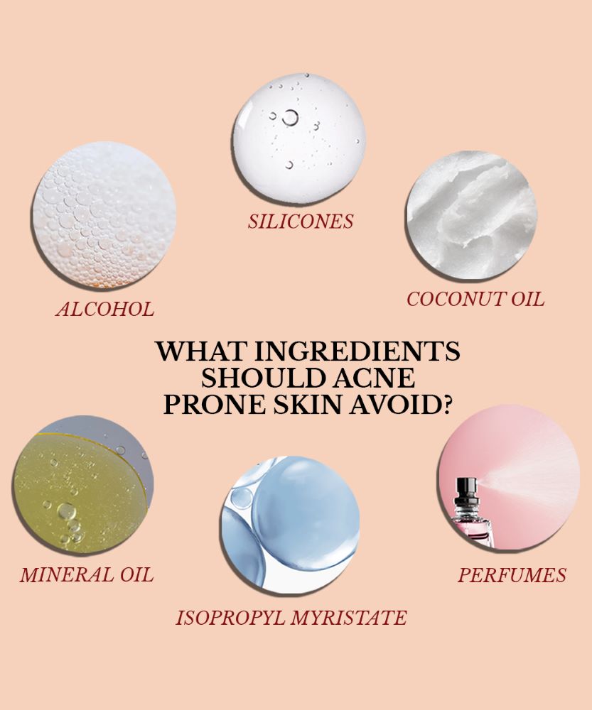 this infographics contains the list of ingredients to be avoided for sensitive acne prone skin.