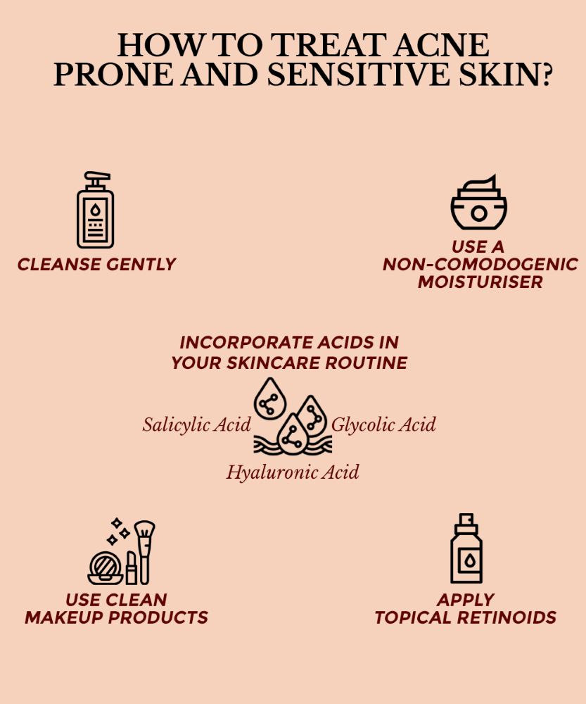 This infographics shows the ways or steps to treat sensitive acne prone skin.