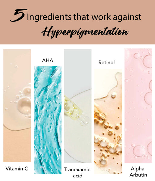 This is an image of 5 ingredients that work against Hyperpigmentation on www.sublimelife.in 