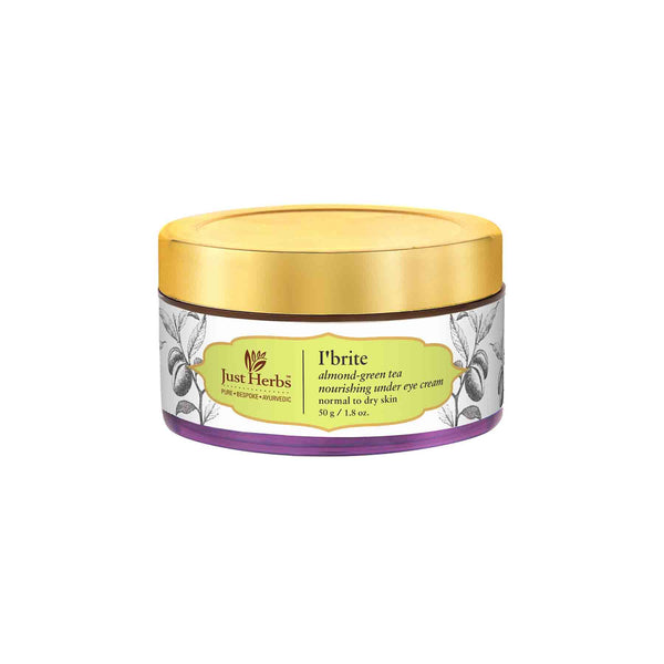 This is an image of Just Herbs I’brite Almond-Green Tea Nourishing Under Eye Cream on www.sublimelife.in