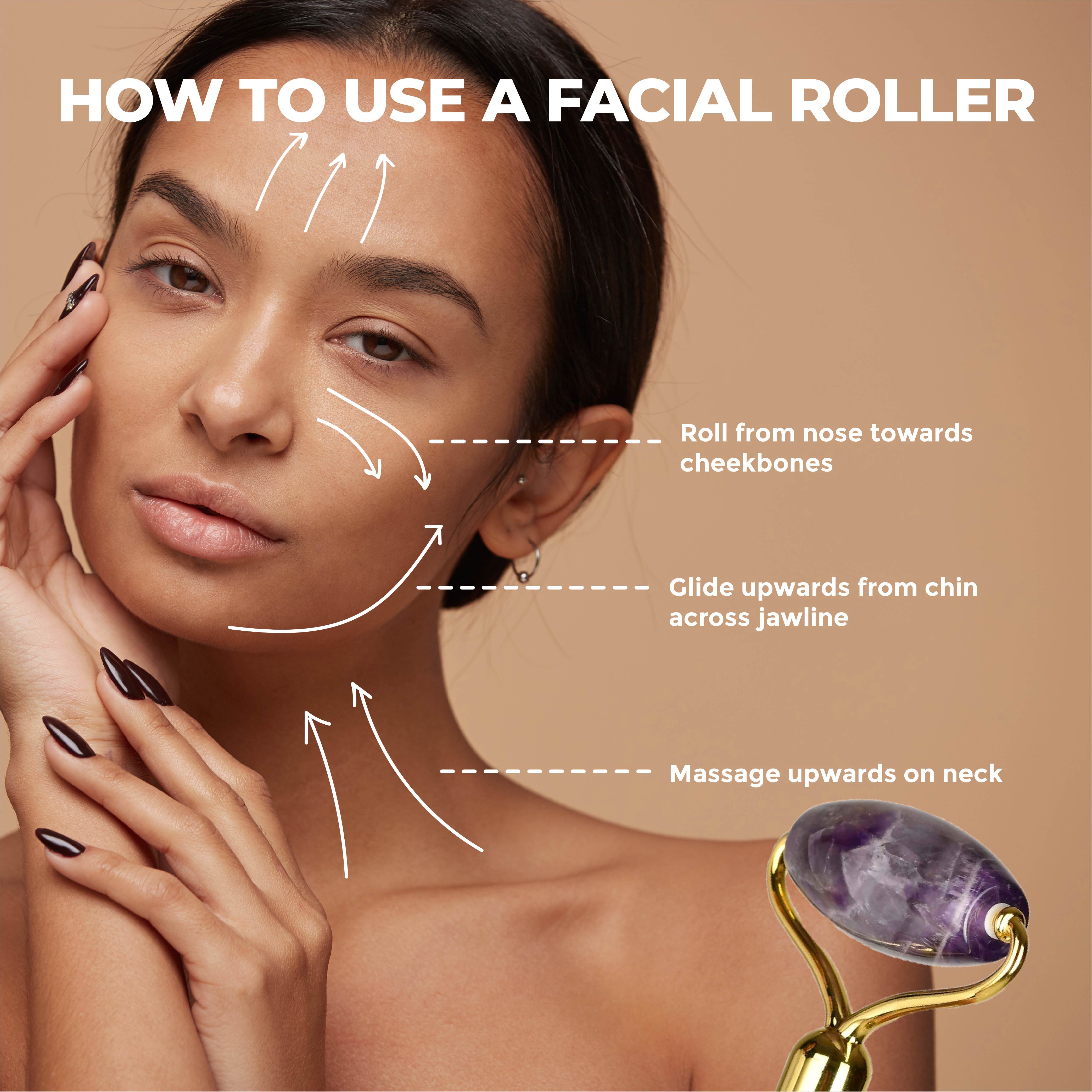 This is an image of how to use the Amethyst Facial Roller by Dromen & Co