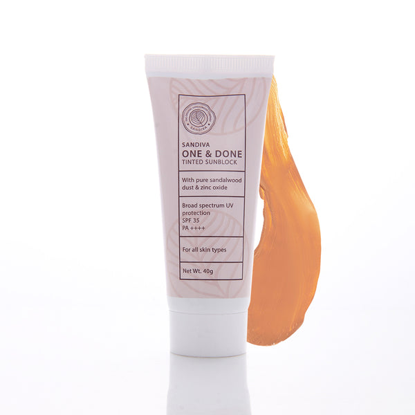 This is an image of Sandiva One and Done Tinted Sunblock With Sandalwood, SPF 35+ on www.sublimelife.in