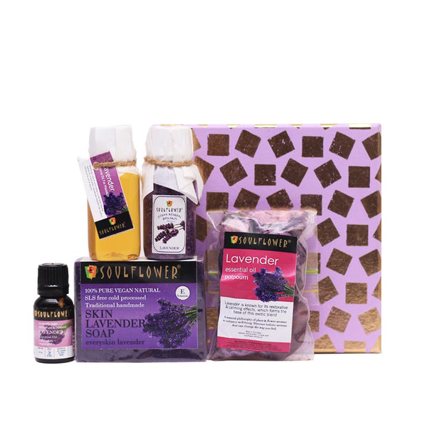 This is an image of Soulflower Lavender Try Me Bath Gift Set on www.sublimelife.in