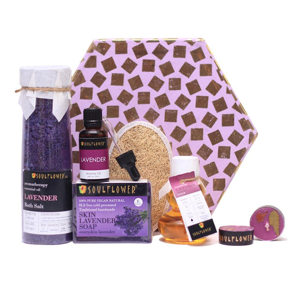 This is an image of SOULFLOWER LAVENDER HEXAGON BATH GIFT SET OF 9 on www.sublimelife.in
