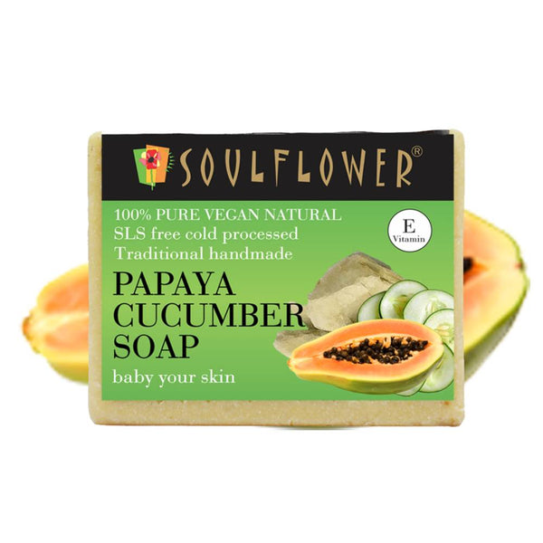 This is an image of Soulflower Papaya Cucumber Soap on www.sublimelife.in