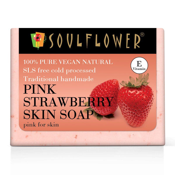 This is an image of Soulflower Pink Strawberry Skin Soap on www.sublimelife.in